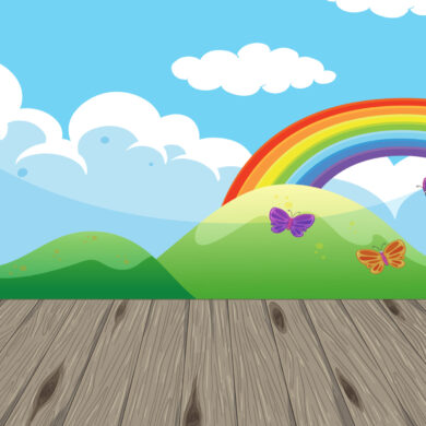 Empty kindergarten room with rainbow in the sky wallpaper Empty kindergarten room with rainbow in the sky wallpaper illustration