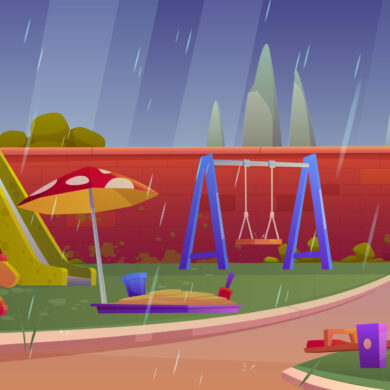 Kids playground at rainy weather, children area Kids playground at rainy weather, empty children area with slides, sandbox and swings for playing and recreation fun. Park, garden or house backyard, kindergarten field, Cartoon vector illustration