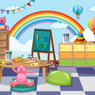 Empty kindergarten classroom interior with many kid toys Empty kindergarten classroom interior with many kid toys illustration