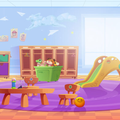 Kindergarten, nursery playroom with lockers, slide Kindergarten, nursery playroom with table, chairs, lockers, slide and toys box. Vector cartoon illustration of daycare center interior with easel for drawing, shelves, baby potty and closets