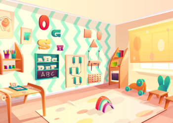 Vector montessori room, elementary school background Vector montessori room, elementary school background with furniture. Kindergarten for infants, daycare for kids. Primary education in drawing, games and activity. Preschool classroom with chalkboard.